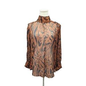 RIXO LONDON Medium Top Silk Animal Print Sheer High Neck Dainty Fierce Loud